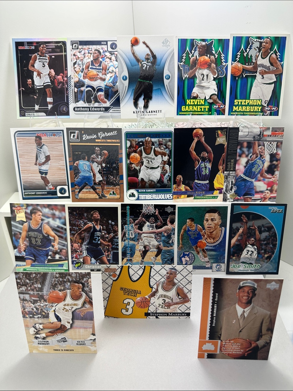 Anthony Edwards/Kevin Garnett TimberWolves lot of 18 + Marbury/JR Rider Rookies